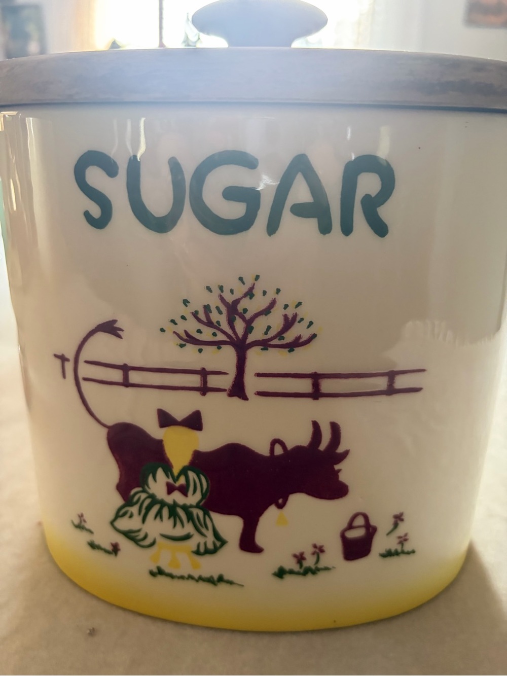 Vintage mid century Farmhouse Cream and Yellow Sugar Canister with Cow Motif